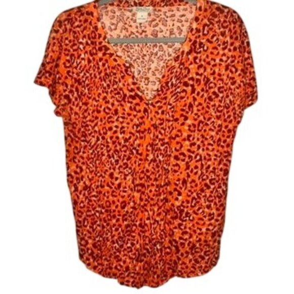 Lucky Brand Leopard Print Blouse  Womens M Orange V Neck Retro Festival Hippie - Picture 1 of 9